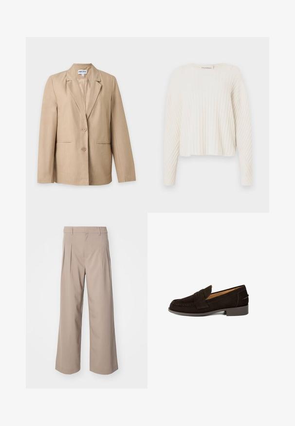 Blazer beige pour femme avec deux boutons, revers crantés et poches passepoilées à l'avant, présenté sur un fond blanc uni.; CLOSED CREW NECK - Pullover - ecru; Pantalons larges beige avec des plis, en tissu lisse. Caractérisés par une taille mi-hauteur et une silhouette épurée et ajustée.; Mocassin en daim marron avec un bout arrondi, une lanière décorative de type penny, des détails cousus et un petit talon en caoutchouc texturé.