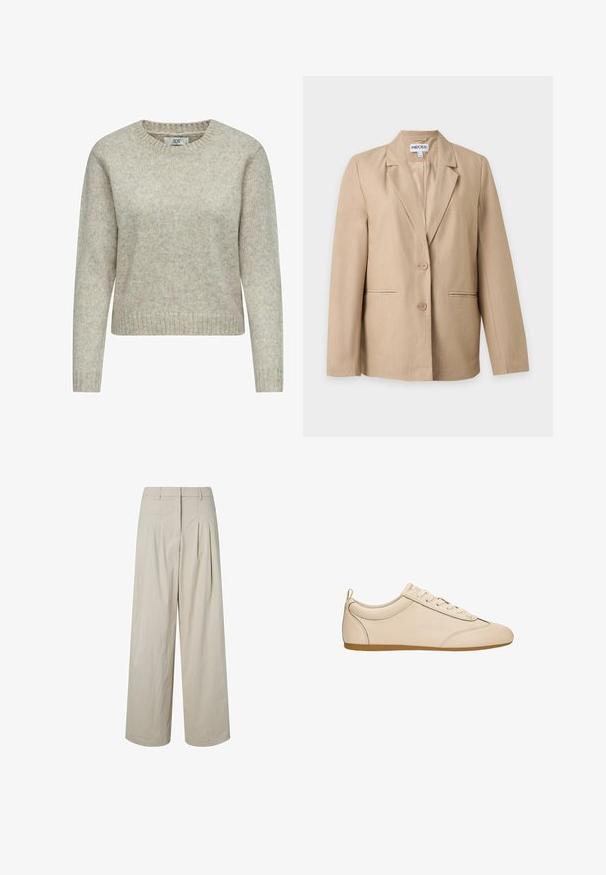 Beige damesblazer met twee knopen, notch-revers en voorste paspelzakken, weergegeven tegen een effen witte achtergrond.; Lichtbeige vrouwen trui gemaakt van zacht gebreide stof, met een ronde halslijn en ribgebreide manchetten en zoom. Klassiek, recht gesneden ontwerp.; Beige broek met hoge taille en wijde pijpen met plooien en riemlussen, rits aan de voorkant en een nette zoom tegen een witte achtergrond.; Beige leren veter-sneaker met een gladde afwerking, ronde neus, laag profiel, gevoerde kraag en een bruine rubberen zool.