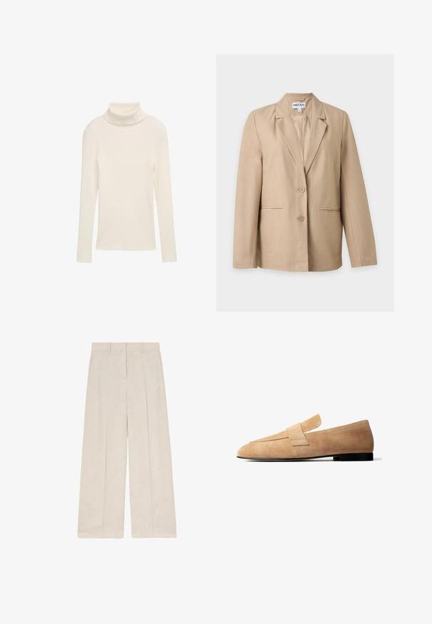 Beige damesblazer med to knapper, notch revers og forlommer, vist på en ensfarvet hvid baggrund.; Cremefarvet highered trøje lavet af ribbet stof. Lange ærmer og en tætsiddende silhuet. Ingen synlige mønstre eller hardwaredetaljer.; Beige bukser med vide ben, frontfolder, bæltestropper og et rent, skræddersyet design.; Lysebrun ruskindsløs loafer med en lav sort hæl og en bred remdetalje tværs over toppen, vist i sideprofil på hvid baggrund.