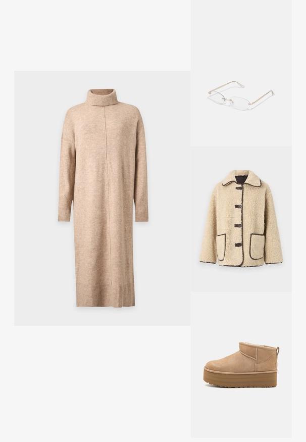 Beige Fleecepullover mit einem Kragenhals, fünf Vorderknöpfen und braunen Paspelierungen. Verfügt über zwei große Seitentaschen.; Beiges langes Strickkleid mit Rollkragen, langen Ärmeln, gerippten Bündchen und Saum, auf einfachem hellgrauem Hintergrund dargestellt.; Beige Wildleder-Ankle Boots mit einem weichen Innenfutter, ausgestattet mit einer Plateausohle und einer Zuglasche hinten für einen einfachen Einstieg. Strukturiertes Gummiprofil.; Goldfarbene Metallbrille mit ovalen Gläsern, schlanken Bügeln und klaren Nasenpolstern. Verfügt über subtile Scharnierakzente und transparente Gläser.