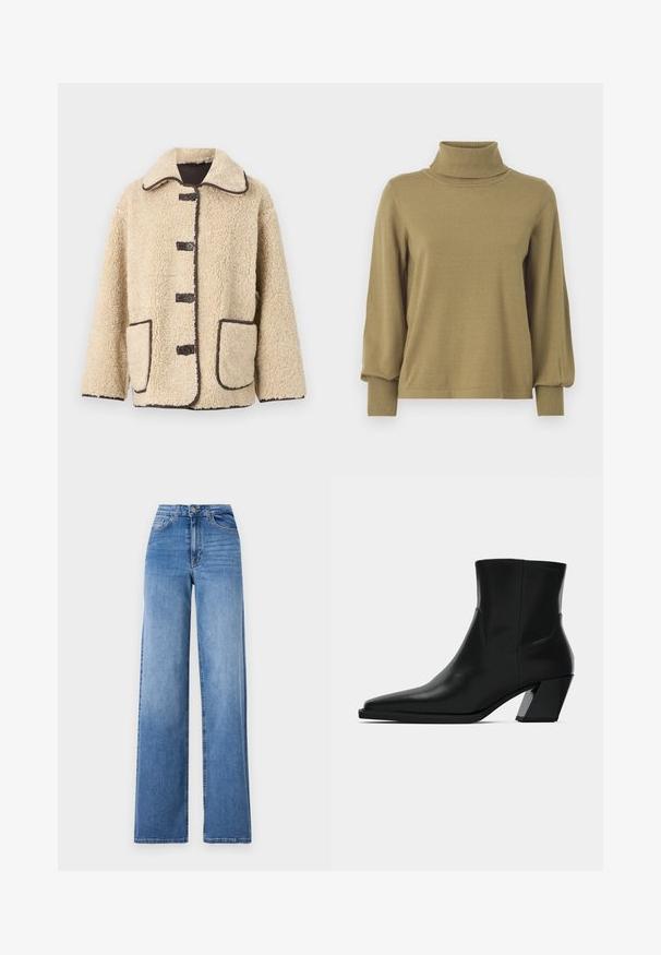 Beige fleece jack met een kraag, vijf knopen aan de voorkant en bruine piping. Beschikt over twee grote zijzakken.; VILA VIAMANDA TURTLE NECK - Trui - gothic olive; Lichtblauwe wijd uitlopende spijkerbroek van denim, met een hoge taille, voorkruiszakken en een standaard knoopsluiting. Gladde textuur.; Zwarte leren enkelboot met een spitse neus, een slanke silhoeet en een chunky vierkante hak. Gladde textuur met minimale stikdetails.