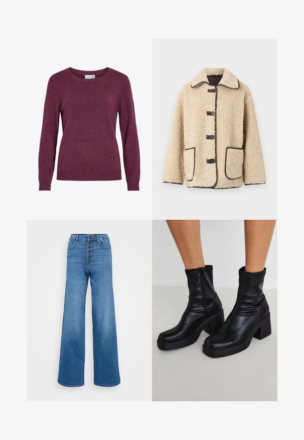 Beige fleece-takki, jossa on kauluspääntie, viisi etupainiketta ja ruskea reunus. Siinä on kaksi suurta sivutaskua.; Burgundy neulepaita, jossa on pyöreä pääntie, pitkät hihat, ribatut hihansuut ja helma. Pehmeä rakenne, jossa on hillitty, hieman heather-tyylinen ilme.; Korkeavyötäröiset, leveät siniset farkut denim-materiaalista, joissa on viisi nappia edessä ja perinteiset ompeluyksityiskohdat.; Mustat nahkaiset nilkkapopot, joissa on korkea lohkareinen korko, sivuvetoketju, sileä pinta ja kapeneva varvassuunnittelu.
