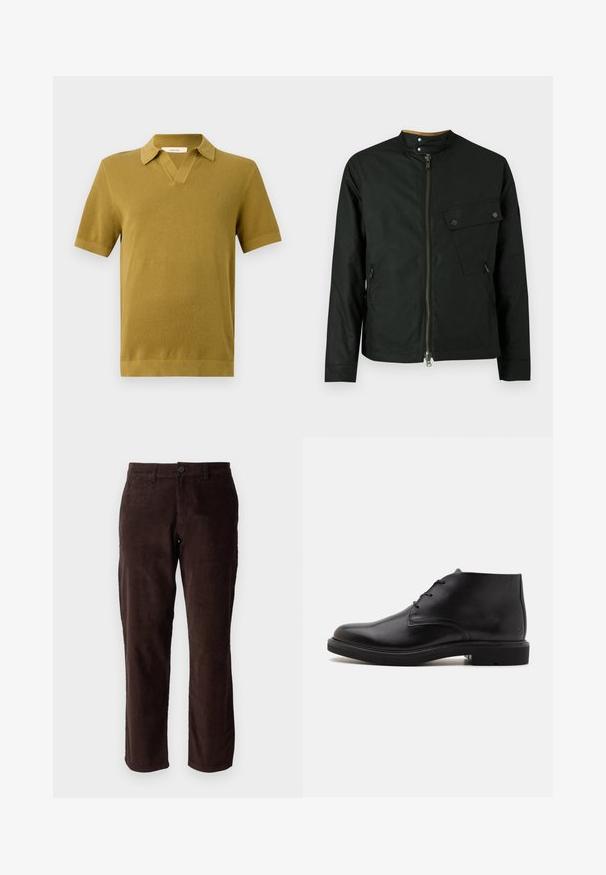 Veste noire avec col montant, fermeture éclair frontale et poches latérales. Comprend une poche à rabat unique avec fermeture à bouton-pression sur la poitrine.; Polo à manches courtes en jaune moutarde, avec un tricot texturé, un col en V et des poignets et un ourlet côtelés.; Pantalon en velours côtelé marron avec une coupe droite, présentant une fermeture à bouton et une texture subtile. Idéal pour un look décontracté ou semi-formel.; Bottine en cuir noir avec trois œillets pour les lacets, bout arrondi et semelle plate sur un fond clair uni.