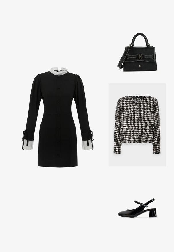 Zwart-witte houndstooth jack met een cropped ontwerp, omrandde halslijn en franjes langs de randen. Bevat twee voorzakken.; Zwarte jurk met een hoge witte kraag, knopen aan de voorkant en lange mouwen met geplooide witte manchetten met strikjes. Gladde stofstructuur.; Zwarte lakleren schoen met een ronde neus, een verstelbare enkelriem en een blokhak. Glad oppervlak met minimale versiering.; Zwarte leren handtas met een gestructureerde afwerking. Voorzien van een gestructureerde vorm, korte handgreep, verstelbare band en een decoratieve gesp.
