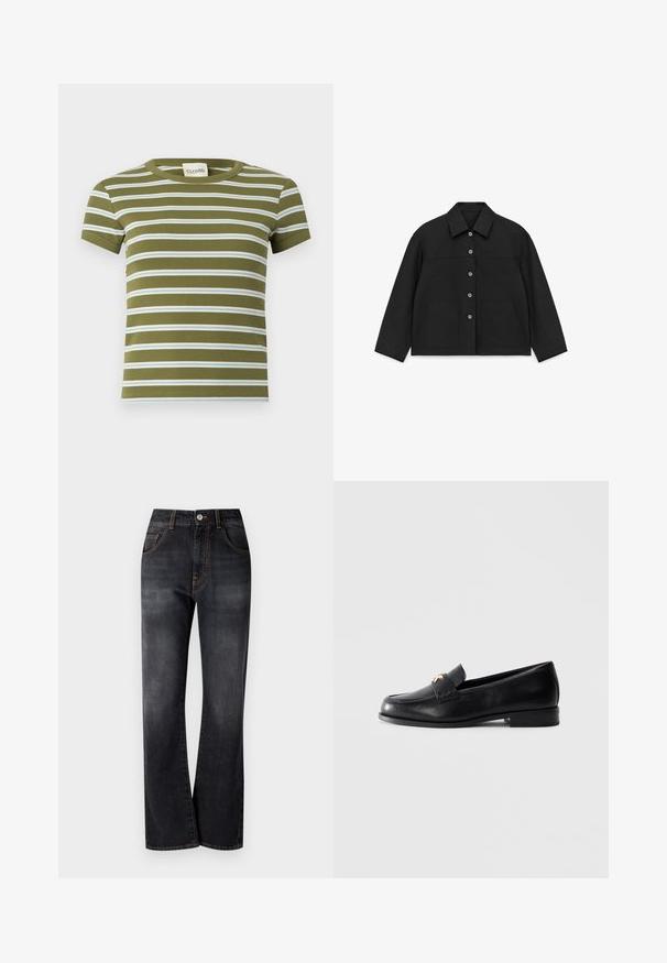 Veste noire en tissu résistant, dotée d'une fermeture avant à boutons, d'un col classique, de deux poches frontales et de manches longues avec une coupe ample.; T-shirt côtelé vert olive à manches courtes avec des rayures blanches et bleu clair horizontales, col rond et étiquette de marque à l'intérieur du col.; Jeans en denim noir au design droit, avec des coutures orange, un style à cinq poches et une fermeture à bouton classique à la taille.; Mocassin en cuir noir avec un petit talon et un emblème décoratif en or sur la sangle, présenté sur un fond gris clair uni.
