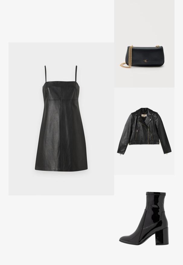 Schwarze Leder-Motorradjacke mit tailliertem Schnitt, asymmetrischem Frontreißverschluss, zwei vorderen Taschen und goldfarbigen Hardware-Akzenten.; Schwarzes Lederkleid mit dünnen Trägern, tailliertem Oberteil und A-Linienform. Verfügt über vertikale Nähte für Struktur und eine glatte Textur.; Schwarze, lackierte Knöchelstiefel mit glatter Textur, spitzem Zeh und strukturiertem Blockabsatz. Verfügt über ein reißverschlussfreies Design und kontrastierende Nähte.; Schwarze Lederschultertasche mit goldener Kettenriemen und kleinem goldenen "cK"-Logo mittig auf der vorderen Klappe vor einfarbigem Hintergrund.