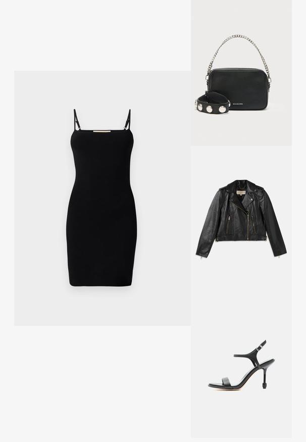 Schwarze Leder-Motorradjacke mit tailliertem Schnitt, asymmetrischem Frontreißverschluss, zwei vorderen Taschen und goldfarbigen Hardware-Akzenten.; Schwarzes geripptes Strickkleid mit dünnen verstellbaren Trägern und geradem Ausschnitt. Figurbetonte Form, minimalistisches Design und keine sichtbaren Muster oder Akzente.; Schwarze hochhackige Sandale aus Leder mit dünnen Riemen, offenem Zehenbereich und verstellbarer Schnalle am Knöchel, vor einem schlichten weißen Hintergrund präsentiert.; Schwarze Leder-Umhängetasche mit strukturierter Oberfläche, silberner Kettenriemen und genietetem schwarzem Handgelenksriemen. Verfügt über einen Reißverschluss oben und Logodetail.