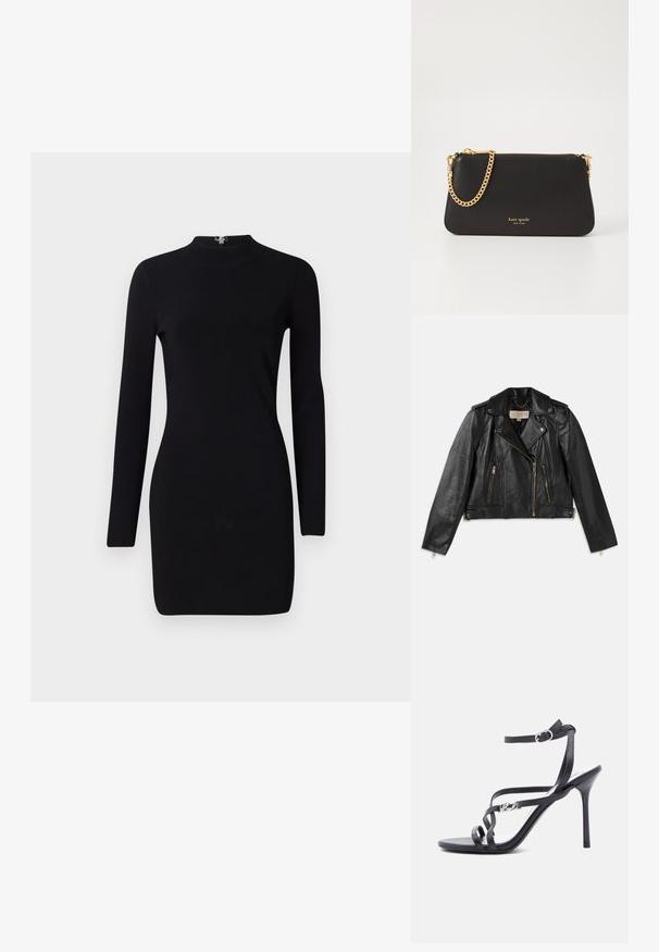 Chaqueta de motocicleta de cuero negro con un diseño ajustado, cremallera frontal asimétrica, dos bolsillos frontales y acentos de hardware en tono dorado.; Vestido negro de manga larga con silueta ajustada, cuello alto y cierre con cremallera en la parte trasera. Textura suave y tejido elástico. Sin patrones ni adornos.; Sandalia negra de tacón alto con tiras finas, hebilla en el tobillo y detalle de logo metálico en la tira lateral, sobre un fondo blanco.; Clutch de cuero negro con una correa de cadena dorada. Presenta un cierre con cremallera y el nombre de la marca en relieve en dorado en la parte frontal. Textura suave, forma rectangular.