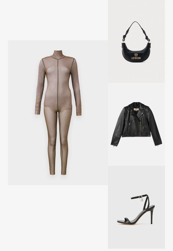 Chaqueta de motocicleta de cuero negro con un diseño ajustado, cremallera frontal asimétrica, dos bolsillos frontales y acentos de hardware en tono dorado.; Bodysuit de malla marrón con mangas largas y cuello simulado. Presenta un diseño sin costuras con una silueta ajustada y un detalle de costura mínima.; Sandalia de tacón alto negra con una estrecha correa en el tobillo, punta cuadrada, material de cuero liso y detalle de hebilla metálica.; Bolso negro en forma de media luna con asa anudada y placa frontal dorada con el logo "Love Moschino", cierre superior con cremallera.