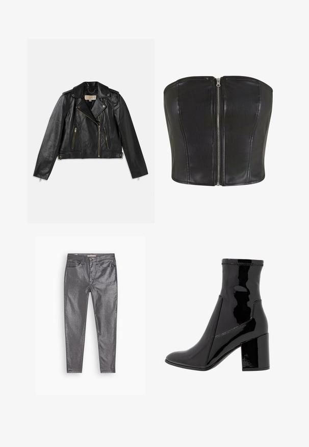 Veste de moto en cuir noir avec un design ajusté, fermeture éclair frontale asymétrique, deux poches avant et des accents en métal doré.; Top en corset en cuir noir avec une coupe structurée. Comprend une fermeture éclair centrale en argent et des coutures le long du buste. Texture lisse.; Jean gris métallique avec une coupe slim, design à cinq poches et légèrement brillant. Fabriqué dans un matériau semblable au denim, avec une fermeture par bouton et zip.; Bottine noire en vernis avec une texture lisse, bout pointu et un talon bloc structuré. Caractérisée par un design sans fermeture éclair et des coutures contrastées.