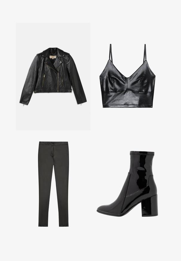 Zwarte leren motorjack met een aansluitend ontwerp, asymmetrische rits aan de voorkant, twee voorkoeken en accenten in goudkleurig metaal.; Zwarte, glanzende bralette met dunne verstelbare bandjes, met een V-halslijn, een gladde textuur en subtiele plooitjes bij de buste voor vorm.; Zwarte, slim-fit broek gemaakt van een glad, elastisch materiaal. Heeft een platte tailleband en een slank ontwerp zonder zichtbare zakken.; Zwarte patenten enkellaarsjes met een gladde textuur, een spitse neus en een gestructureerde blokhak. Heeft een ritsvrije ontwerping en contrasterende stiksels.