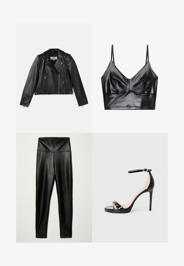 Zwarte leren motorjack met een aansluitend ontwerp, asymmetrische rits aan de voorkant, twee voorkoeken en accenten in goudkleurig metaal.; Zwarte, glanzende bralette met dunne verstelbare bandjes, met een V-halslijn, een gladde textuur en subtiele plooitjes bij de buste voor vorm.; Zwarte nepleer legging met een hoge tailleband, met een gladde textuur en een aansluitende pasvorm, die tot de enkels reikt.; Zwarte patenten hoge hakken sandaal met enkelbandje en gouden gesp, open teen en slanke stilettokant op een effen achtergrond.