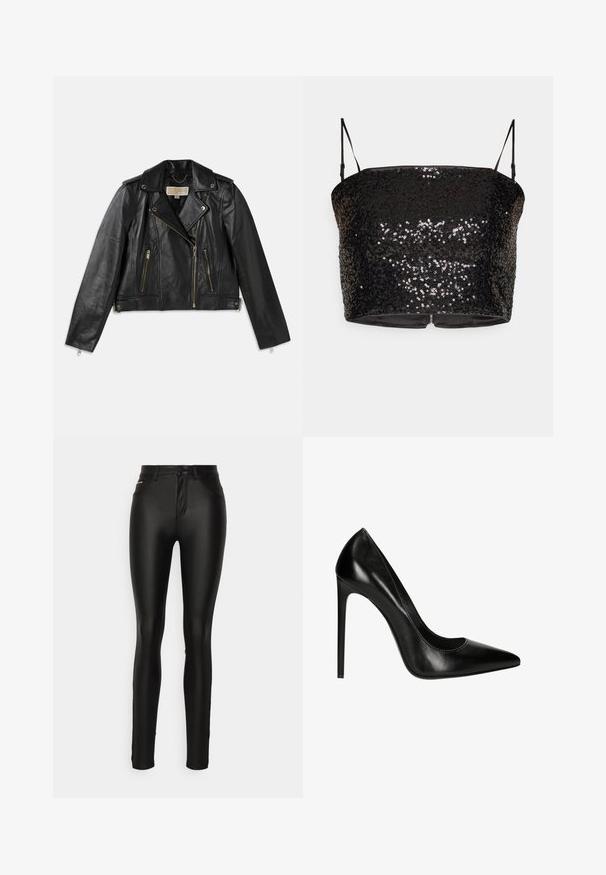 Schwarze Leder-Motorradjacke mit tailliertem Schnitt, asymmetrischem Frontreißverschluss, zwei vorderen Taschen und goldfarbigen Hardware-Akzenten.; Schwarzes Pailletten-Crop-Top mit dünnen, verstellbaren Trägern, das eine taillierte Passform und einen Reißverschluss auf der Rückseite aufweist. Glatte innere Fütterung.; ONLY Tall ONLROYAL PANT - Stoffhose - black; Schwarze Leder-Pumps mit hohen Absätzen, spitzer Zehenform und glatter Oberfläche. Verfügt über eine elegante Silhouette und einen Stiletto-Absatz.