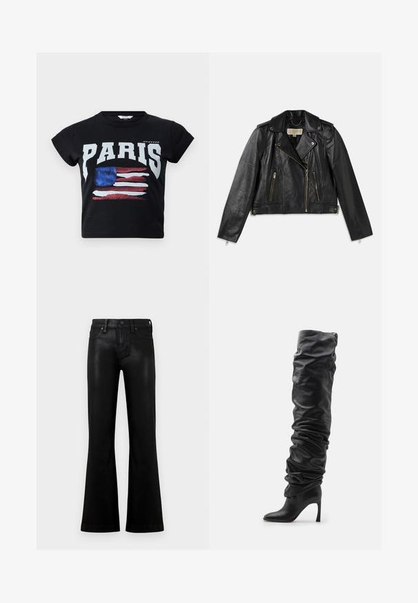 Sort læder motorcykeljakke med en tætsiddende pasform, asymmetrisk lynlås foran, to forlommer, og hardware accenter i guldfarve.; Sort bomulds t-shirt med "PARIS" i fede hvide bogstaver og et slidt amerikansk flag grafik i rød, hvid og blå. Korte ærmer.; Sorte jeans med høj talje og let vidde, frontknap og lynlåslukning samt fem-lomme-design på en ensfarvet lys baggrund.; Sorte læder støvler over knæene med et afslappet design, spidse tæer og stiletto hæl. Har blød tekstur og sammenfoldede detaljer.