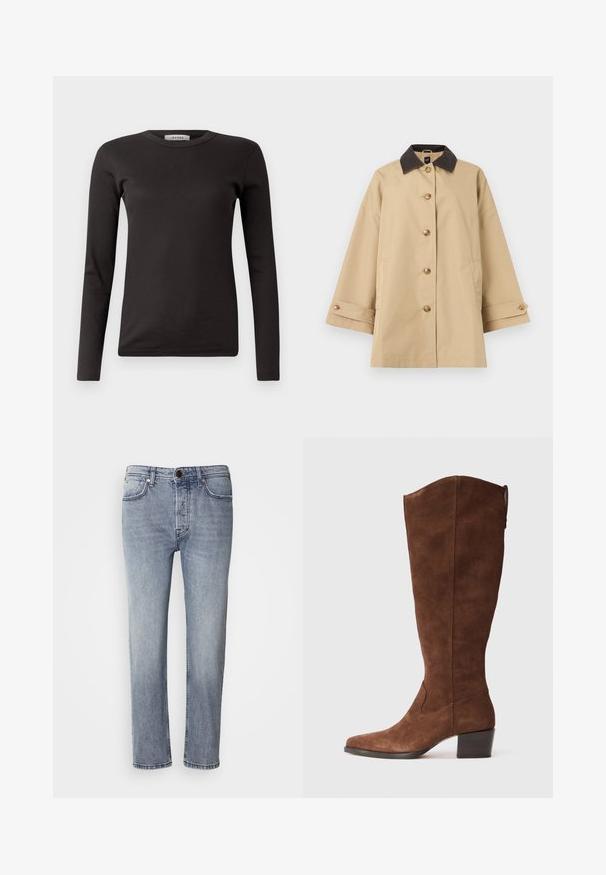 Beige skjortekåbe med brede ærmer, mørkebrun krave, lommer og knappede manchetter, vist på hvid baggrund.; Sort langærmet ribbet T-shirt med rund halsudskæring, lavet af blødt stof, med et enkelt design uden udsmykninger eller mønstre.; Lys blå denimjeans med en afslappet pasform, lige ben og subtil falmning. Har en frontlukning med knap og fem lommer til praktisk brug.; Brune ruskinds knæ-høje støvler med spids tå og en stakhelt. Har en glat overflade og minimalistiske syninger.