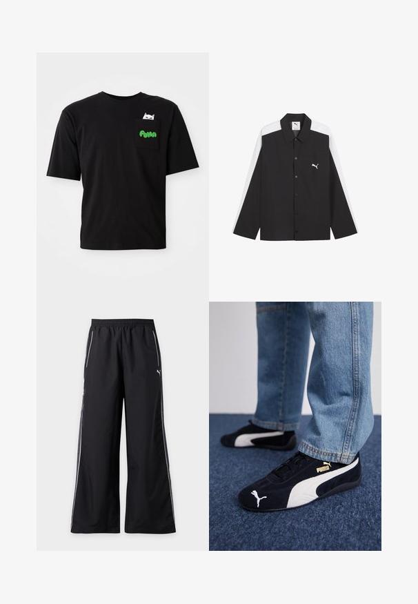 Schwarzes, langärmliges Hemd mit Knopfleiste und weißen Streifen an Ärmeln und Schultern, mit einer Brusttasche mit weißem Puma-Logo.; Schwarzes Baumwoll-T-Shirt mit kurzen Ärmeln, ausgestattet mit einer Tasche, die eine Katzengrafik und grünen "PUMA"-Text zeigt. Lässiger Schnitt und glatte Textur.; Schwarze, weit geschnittene Sporthose mit weißen Paspelierungen an den Seiten und elastischem Bund, mit kleinem Puma-Logo am rechten Oberschenkel.; Schwarze Wildledersneaker mit weißen Akzenten und einem goldenen Logo. Getragen mit hellblauen Jeans und auf einer strukturierten blauen Oberfläche platziert.