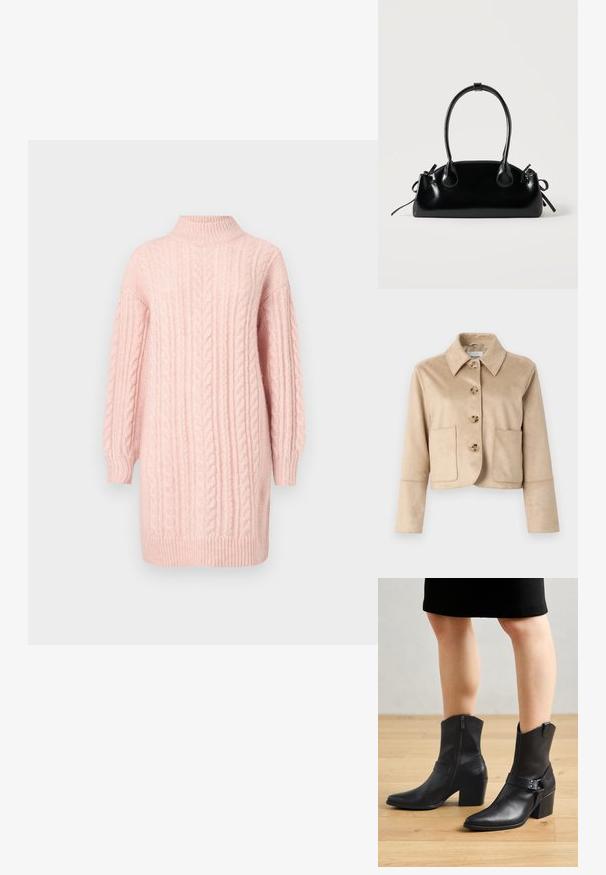 Veste beige cropped en tissu doux et texturé avec un col, quatre fermetures à boutons à l'avant et deux poches avant.; Robe en tricot côtelé rose doux avec de longues manches et un col montant, un ourlet et des poignets côtelés sur fond blanc.; Bottines en cuir noir avec un bout pointu, fermeture éclair, talon courbé et une sangle décorative avec des accents en métal.; Petit sac à main noir brillant avec deux longues anses et des détails à cordon sur les côtés sur un fond clair uni.