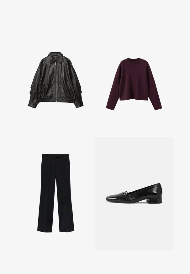 Sort læderjakke med lynlås fortil, bred krave og draperinger ved manchetterne og kanten, samt sidelommer og strukturerede skuldre.; Bourgognefarvet strikket sweater med cropped design, ribbet rund halsudskæring og lange ærmer. Blød tekstur og afslappet pasform, minimal detaljering.; Sorte bukser med lige pasform, lavet af glat stof. Har en talje med bæltestropper og ingen synlige mærker eller dekorationer.; Sorte patentlæder balletflade med spids tå, lav firkantet hæl og en lille metallisk spænde detalje på remmen. Glat tekstur.