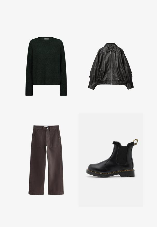Sort læderjakke med lynlås fortil, bred krave og draperinger ved manchetterne og kanten, samt sidelommer og strukturerede skuldre.; Mørkegrøn sweater med rund halsudskæring, lange ærmer og en afslappet pasform. Fremstillet af tekstureret stof med subtile tonale mønstre.; Mørkebrune bukser med vide ben, forlommer foran, bæltestropper og knaplukning på hvid baggrund.; Sorte læder ankelstøvler med teksturerede elastiske sidepaneler, pelsbesætning øverst, gule sømme og en robust gummisål.