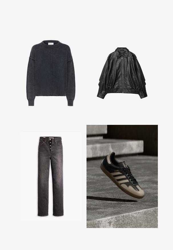 Sort læderjakke med lynlås fortil, bred krave og draperinger ved manchetterne og kanten, samt sidelommer og strukturerede skuldre.; Mørkegrå, tekstureret sweater med rund hals og lange ærmer, der har en central søm nedad foran. Klassisk, afslappet stil.; Sorte højtaljede jeans med lige ben-design, lavet af denim. Features en knaplukning, kobberdetaljer og kontrastsyninger.; Sort og beige lædersneaker med tre hvide striber, tanfarvet gummisål og gyldent "Samba"-detalje på siden.