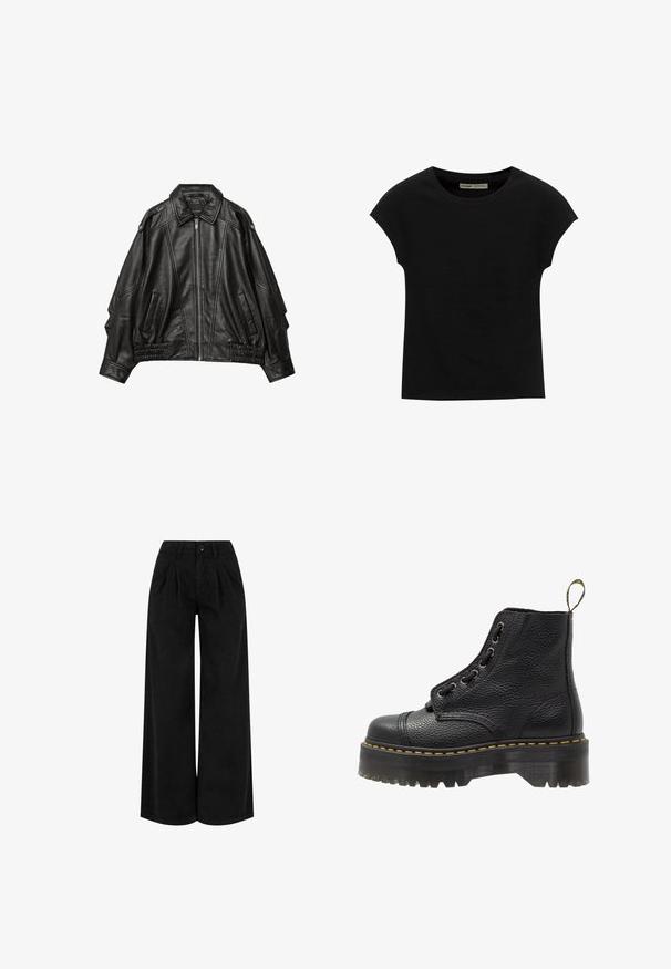 Veste en cuir noir avec fermeture éclair à l'avant, col large, et détails froncés aux poignets et à l'ourlet, avec poches latérales et épaules structurées.; T-shirt noir à manches courtes avec un col rond. Confectionné en coton lisse et extensible. Design simple sans motifs ni graphismes.; Pantalon noir taille haute à jambes larges avec plis devant, fermeture à boutons et passants pour ceinture, présenté sur fond blanc.; Bottines en cuir noir avec surface texturée, bout arrondi, lacets, coutures jaunes et une épaisse semelle noire crantée.