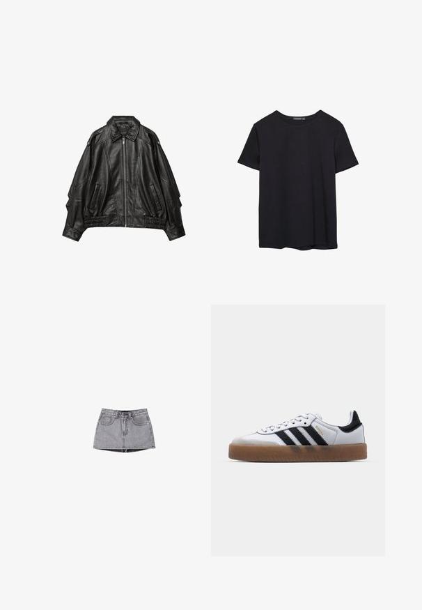 Veste en cuir noir avec fermeture éclair à l'avant, col large, et détails froncés aux poignets et à l'ourlet, avec poches latérales et épaules structurées.; T-shirt en coton noir à manches courtes, col rond, présenté sur un fond blanc.; Jupe mini en denim de couleur gris délavé. Comprend une fermeture à boutons, des passants pour ceinture et deux poches avant. Texture lisse avec un effet de lavage subtil.; Baskets en cuir blanc avec des rayures noires, semelle extérieure en caoutchouc beige, bout rond, fermeture lacée et embout en suède gris doux.