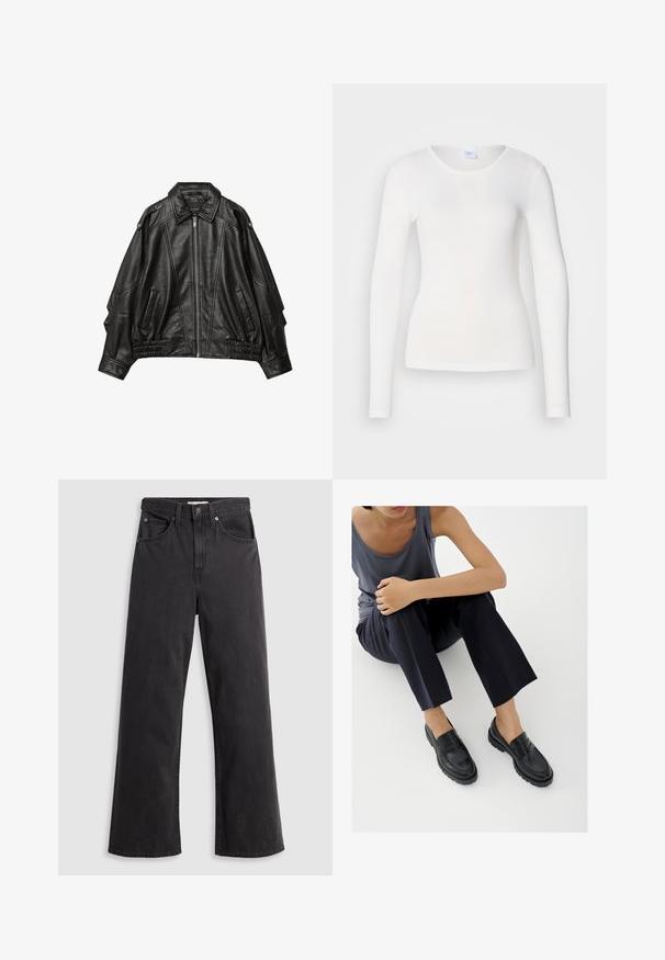 Veste en cuir noir avec fermeture éclair à l'avant, col large, et détails froncés aux poignets et à l'ourlet, avec poches latérales et épaules structurées.; Chemise blanche à manches longues en tissu doux et lisse ; présente un col rond et une coupe ajustée, sans motifs ni embellissements.; Jeans larges en denim noir à taille haute, avec cinq poches et une fermeture à bouton en métal. Le tissu a une texture lisse et légèrement décolorée.; Mocassins en cuir noir avec accents texturés, talon bas, bout arrondi, et coutures visibles. Modèle portant un pantalon sombre et un haut gris.