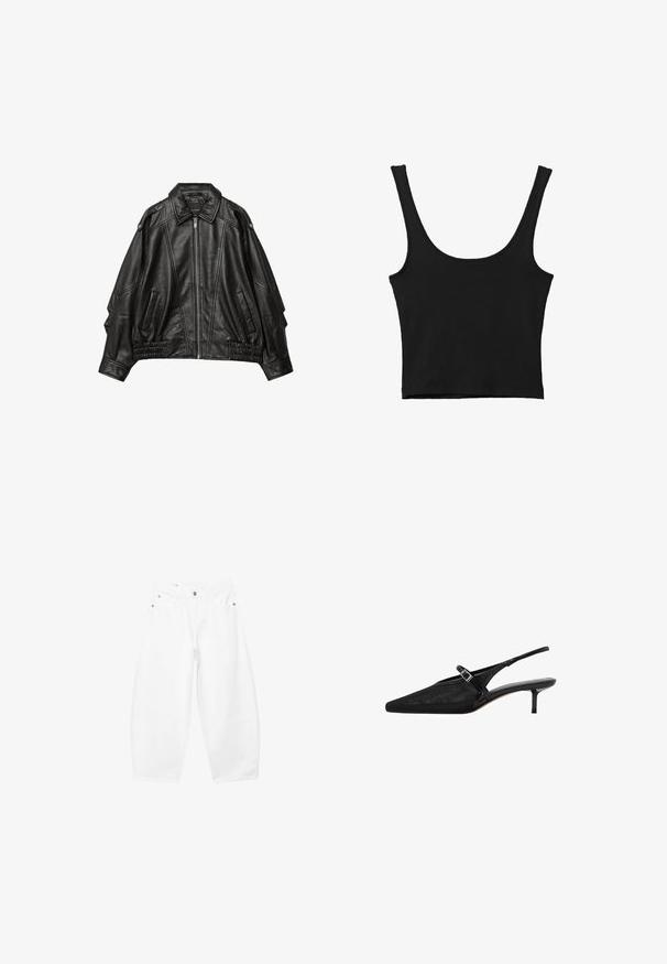 Sort læderjakke med lynlås fortil, bred krave og draperinger ved manchetterne og kanten, samt sidelommer og strukturerede skuldre.; Sort cropped tank top med brede skulderstropper, lavet i blødt materiale, med en glat tekstur og et minimalistisk design.; Hvide jeans med vide ben, forudsat med forreste knapper og lynlås, bæltestropper samt lommer i siderne og foran, vist på en ensfarvet baggrund.; Sorte slingback hæle med spidse tæer, tekstureret mesh-overdel, slank justerbar rem med sølvspænde og 5 cm stilettohæle.