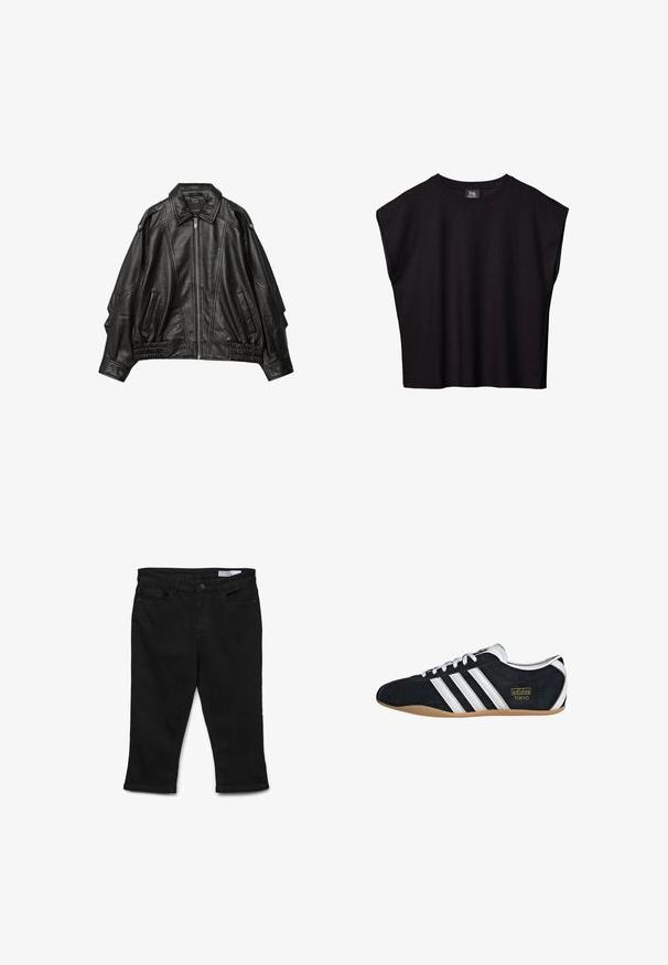 Schwarze Lederjacke mit einem Reißverschluss vorne, breitem Kragen und gerafften Details an den Manschetten und am Saum, mit seitlichen Taschen und strukturierten Schultern.; Schwarzes ärmelloses Oberteil mit breiten Schultern und rundem Ausschnitt, mit dem Etikett B6 von Ambienteurs, auf weißem Hintergrund präsentiert.; Schwarze Denim-Capri-Hosen mit geradem Schnitt, Fünf-Taschen-Design und vorderem Knopfverschluss. Merkmale sind der gestickte Saum und die glatte Textur.; Schwarze Wildledersneaker mit drei weißen Streifen, goldenem Logo und brauner Gummisohle. Merkmale ein niedrigprofiliertes Schnürdesign.