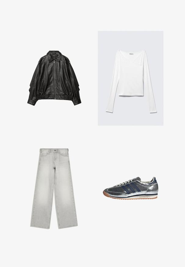 Veste en cuir noir avec fermeture éclair à l'avant, col large, et détails froncés aux poignets et à l'ourlet, avec poches latérales et épaules structurées.; Haut blanc à manches longues avec un design croisé et une poche. Fabriqué dans un tissu lisse et extensible. Coupé dans une coupe décontractée et ample.; Jean gris clair à jambes larges avec fermeture par bouton et zip, poches avant, et passants de ceinture, présenté à plat sur fond blanc.; Baskets synthétiques argentées avec des rayures navy, bout rond, doublure blanche et semelle en caoutchouc. Présente un dessus texturé et un système de laçage.