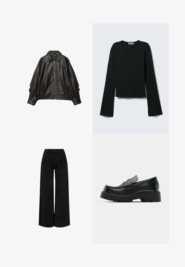 Veste en cuir noir avec fermeture éclair à l'avant, col large, et détails froncés aux poignets et à l'ourlet, avec poches latérales et épaules structurées.; T-shirt noir à manches longues avec col rond, silhouette ajustée et manches légèrement évasées, étiqueté avec la marque "Weekday" au niveau de l'encolure.; Pantalon noir taille haute à jambes larges avec plis devant, fermeture à boutons et passants pour ceinture, présenté sur fond blanc.; Mocassins en cuir noir avec une semelle épaisse et texturée, dotés d'une sangle sur le vamp et d'une finition lisse et polie.