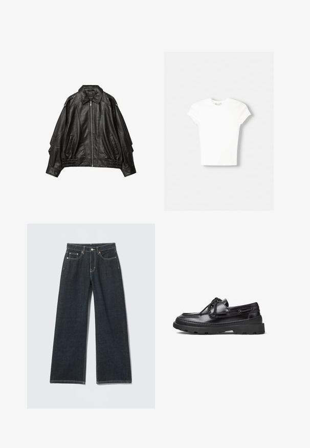 Zwart leren jack met een ritssluiting aan de voorkant, brede kraag en geplooide details bij de mouwen en de zoom, voorzien van zijzakken en gestructureerde schouders.; Witte t-shirt met korte mouwen van zachte katoen, met een ronde halslijn en een getailleerde vorm. Geen zichtbare patronen of versieringen.; Donkerblauwe jeans met wijde pijpen, knoopsluiting aan de voorkant, rits, lussens voor riem en vijf zakken, tegen een lichte effen achtergrond.; Zwarte leren bootsschoenen met een ronde neus, vetersluiting, gestikte accenten en een chunky rubberen zool met een gestructureerd grippatroon.