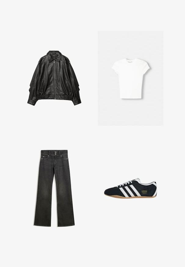Schwarze Lederjacke mit einem Reißverschluss vorne, breitem Kragen und gerafften Details an den Manschetten und am Saum, mit seitlichen Taschen und strukturierten Schultern.; Weißes kurzärmliges T-Shirt aus weicher Baumwolle, mit Rundhalsausschnitt und figurbetonter Form. Keine sichtbaren Muster oder Verzierungen.; Schwarze Denim-Straßenhosen mit weitem Bein und einer taillierten Taille, die sichtbare Nähte, zwei Fronttaschen und silberne Beschläge an den Knöpfen aufweisen.; Schwarze Wildledersneaker mit drei weißen Streifen, goldenem Logo und brauner Gummisohle. Merkmale ein niedrigprofiliertes Schnürdesign.