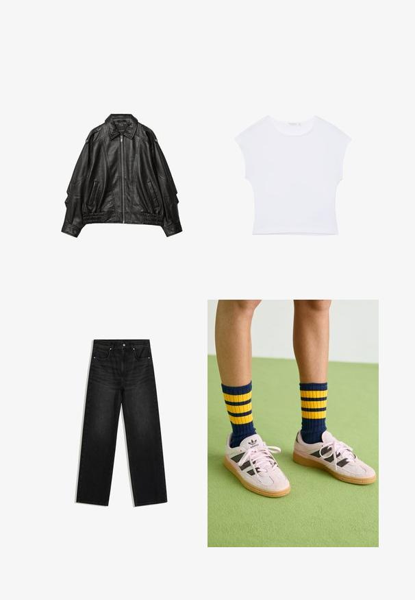 Sort læderjakke med lynlås fortil, bred krave og draperinger ved manchetterne og kanten, samt sidelommer og strukturerede skuldre.; Hvid kortærmet cropped T-shirt med rund halsudskæring, lavet af glat stof, lagt fladt på en hvid baggrund.; Sorte denimjeans med lige ben, forlommer, bæltestropper og knaplukning, vist på hvid baggrund.; Lyserøde ruskinds sneakers med sorte striber og gummisåler, parret med navy- og gule stribede ribbede sokker. Grøn struktureret gulv.