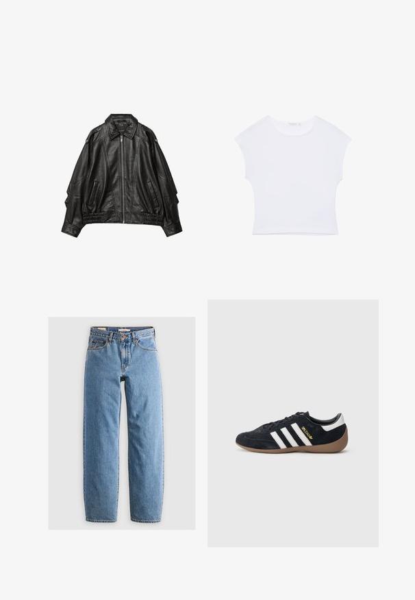 Sort læderjakke med lynlås fortil, bred krave og draperinger ved manchetterne og kanten, samt sidelommer og strukturerede skuldre.; Hvid kortærmet cropped T-shirt med rund halsudskæring, lavet af glat stof, lagt fladt på en hvid baggrund.; Lysblå denim jeans med lige ben-design, fem lommer, lynlås og en subtil falmet tekstur. Klassisk stil med minimal hardware.; Sort ruskindssneaker med tre hvide striber, gummisål og et lille gyldent logo på siden. Har en glat sort foring indvendigt.