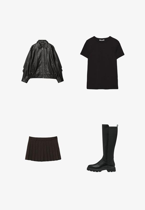 Zwart leren jack met een ritssluiting aan de voorkant, brede kraag en geplooide details bij de mouwen en de zoom, voorzien van zijzakken en gestructureerde schouders.; Zwart katoenen T-shirt met korte mouwen, ronde hals, standaard pasvorm en zichtbaar binnenlabel in de nek.; Zwarte geplooide minirok met riemlussen en een gestructureerde tailleband op een witte achtergrond.; Zwarte hoge laarzen tot de knie met een gladleren voorkant en een getextureerd meshpaneel aan de achterkant, voorzien van een rubberen zool en een trek lus voor gemakkelijke aan- en uittrekking.