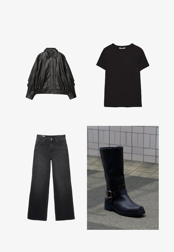 Sort læderjakke med lynlås fortil, bred krave og draperinger ved manchetterne og kanten, samt sidelommer og strukturerede skuldre.; Sort kortærmet t-shirt i bomuld med rund halsudskæring, standard pasform og synlig indvendig halsmærkat.; Sorte viddebukser i jeans med høj talje, lukning med forreste knap og lynlås, bæltestropper og femlommesdesign.; Sort midt på læggen læderstøvle med lav hæl og dekorativ rem med metalspænde, stående på en grå belagt overflade nær en flisevæg.
