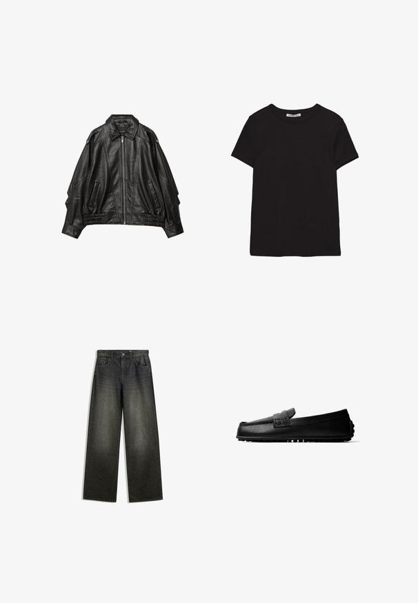 Schwarze Lederjacke mit einem Reißverschluss vorne, breitem Kragen und gerafften Details an den Manschetten und am Saum, mit seitlichen Taschen und strukturierten Schultern.; Schwarzes, kurzärmliges Baumwoll-T-Shirt mit rundem Halsausschnitt, Standardpassform und sichtbarem innerem Nackenetikett.; Weite Jeans aus dunkelgrauem Denim mit einem verblassten Finish, Fünf-Taschen-Design und einem Knopfverschluss am Bund.; Schwarzer Leder-Slipper mit strukturierter Oberfläche und Gummisohle mit Grip-Profil, seitlich auf weißem Hintergrund.