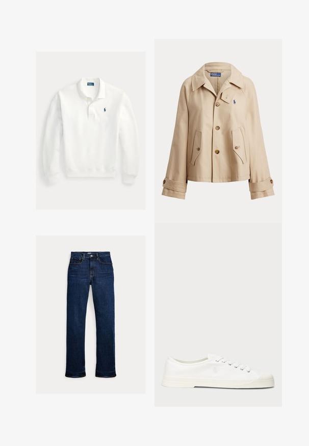 Veste beige boutonnée à col large, deux poches avant à rabat, poignets boutonnés et petit logo brodé bleu sur la poitrine.; Polo blanc à manches longues avec patte à deux boutons et petit logo bleu brodé sur la poitrine gauche.; Jean droit en denim bleu foncé avec bouton et fermeture éclair à l'avant, design à cinq poches et coutures visibles.; Sneaker en toile blanche avec un bout rond, fermeture lacée et un détail de logo discret. Caractéristiques d'un tissu texturé et d'une semelle en caoutchouc.