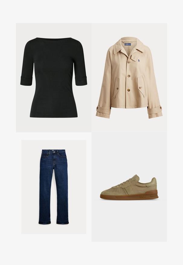 Beige jakke med knapper, bred krave, to forlommer med klap, knappede manchetter og lille blåt broderet logo på brystet.; Sort tætsiddende skjorte med albuelange ærmer og en bred, rund halsudskæring på en ensfarvet baggrund.; Mørkeblå straight-leg jeans med frontknap og lynlås, fem-lomme design og synlige syninger.; Beige lavskaftet Polo sneaker med snørebånd foran, tekstureret læderoverdel og brun gummisål med Polo-logo på siden.