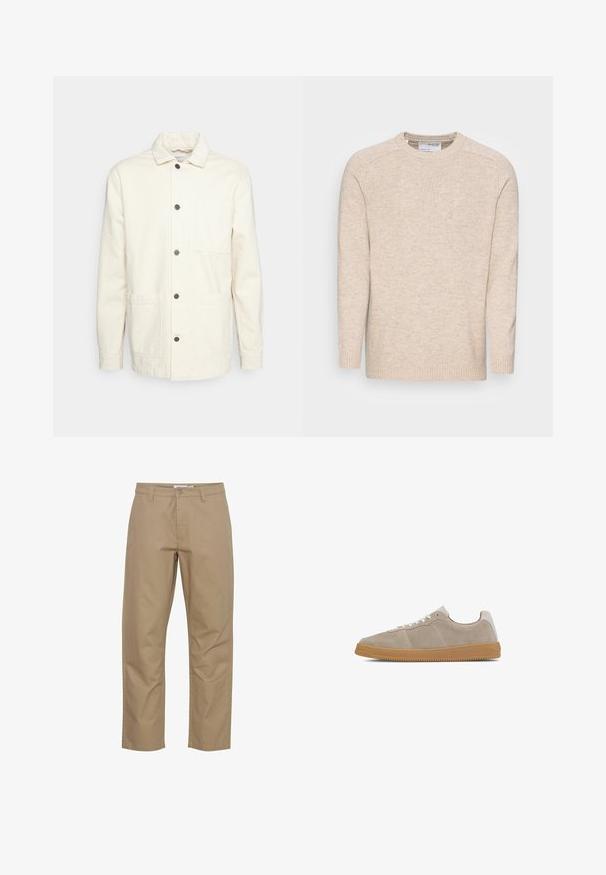 KnowledgeCotton Apparel Veste légère - raw cotton; Pull en tricot beige clair à col rond, à manches longues et avec des poignets côtelés ; présente un tissu texturé et un design simple.; Pantalons en coton beige avec une coupe droite, présentant une fermeture éclair et un bouton à l'avant, des poches latérales et une finition soignée.; Baskets en daim beige avec une surface texturée, des lacets blancs et une semelle en gomme, présentant un design minimaliste et des coutures uniformes.