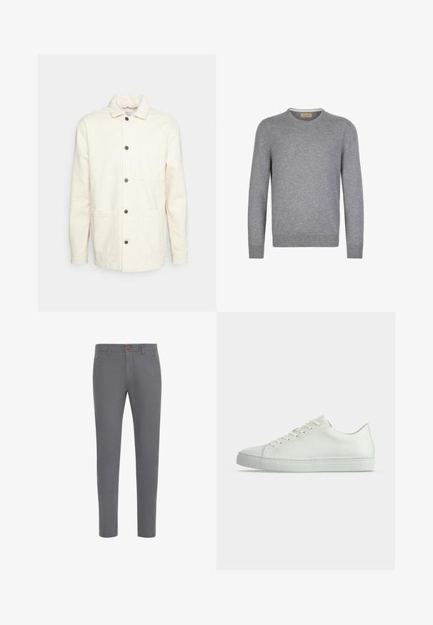 KnowledgeCotton Apparel Leichte Jacke - raw cotton; Grauer, langärmeliger Pullover aus weichem Strickmaterial. Rundhalsausschnitt, gerippte Bündchen und Saum, mit einem einfachen und klaren Design.; Graue Baumwollhosen mit einer taillierten Passform, ausgestattet mit einem Knopfverschluss, normalen Taschen und einer glatten Textur.; Weißer Low-Top-Sneaker mit Schnürsenkeln, glattem Lederobermaterial und flacher Gummisohle, von der Seite auf neutralem Hintergrund gezeigt.