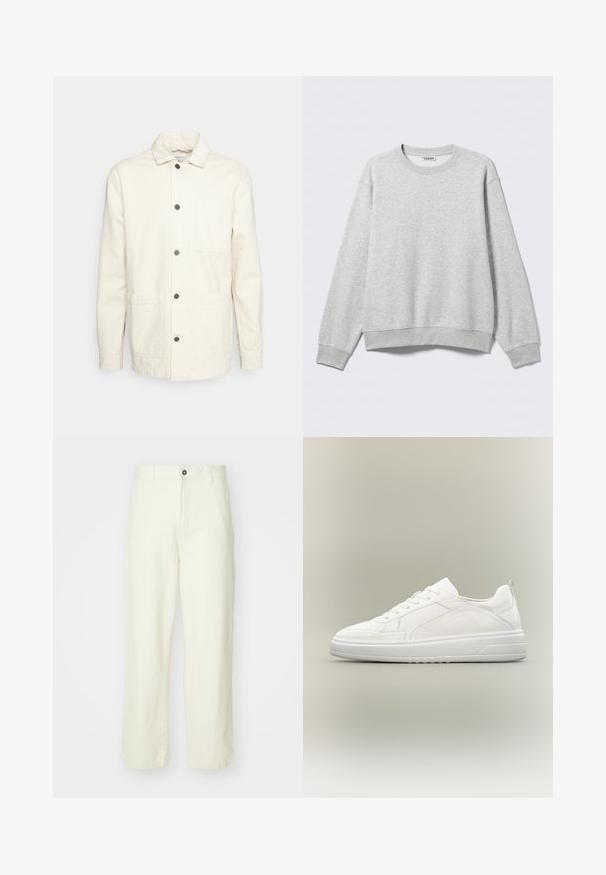 KnowledgeCotton Apparel Leichte Jacke - raw cotton; Grauer Pullover aus weicher Baumwollmischung. Gerippter Rundhalsausschnitt und Bündchen, mit lockerem Sitz. Keine sichtbaren Muster oder Hardware-Details.; Helle gelbe Baumwollhose mit geradem Bein, Frontknopfverschluss, Gürtelschlaufen und einem schlichten, minimalistischen Design.; Weißer Sneaker mit niedriger Schafthöhe, Schnürverschluss vorne, strukturierten Seitenpaneelen und dicker Sohle vor neutralem Hintergrund.