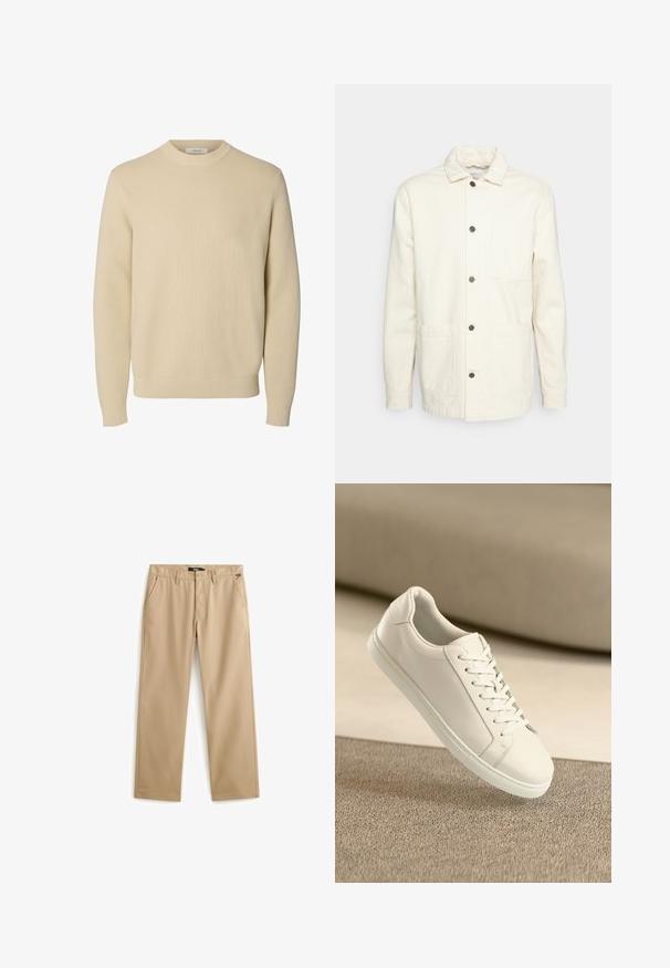 KnowledgeCotton Apparel Let jakke / Sommerjakker - raw cotton; Enkel beige crewneck striktrøje med lange ærmer og ribstrikkede manchetter og kant.; Beige bukser med lige ben, bæltestropper, frontknap, lynlås og sidelommer mod en hvid baggrund.; Hvide lædersneakers med hvide snørebånd, præsenteret på en beige tekstureret overflade og med en blødt uskarp baggrund.