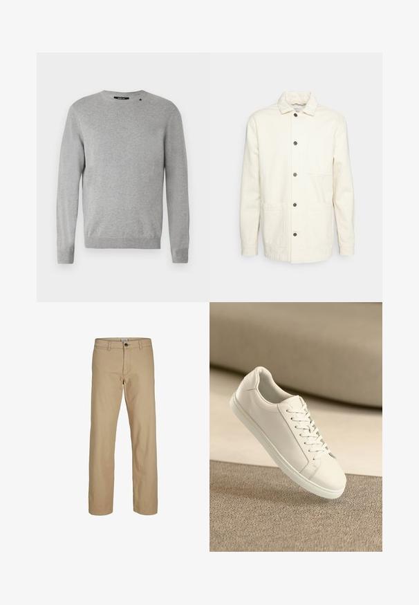 KnowledgeCotton Apparel Let jakke / Sommerjakker - raw cotton; Lys grå sweater med lange ærmer, rund halsudskæring, strikket tekstur og et simpel design med et lille logo over venstre skulder.; Beige bukser med lige ben, knaplukning, bæltestropper og forlommer, vist mod en hvid baggrund.; Hvide lædersneakers med hvide snørebånd, præsenteret på en beige tekstureret overflade og med en blødt uskarp baggrund.