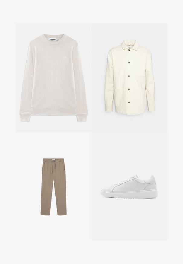 KnowledgeCotton Apparel Suvejakk - raw cotton; Helebeežist pikkade varrukatega ümar kaelusega kampsun, millel on soonikkoes mansetid ja äär, subtilne logo vasakul rinnal ning J.Lindebergi silt kaeluses.; Beez, kergedega püksid tekstuuriga mustriga, nööriga vöökoht ja küljetaskud. Sirge jala disain, sobib igapäevaseks kandmiseks.; Valge nahast spordijalats sujuva tekstuuriga, ümmarguse varbaga, madala profiiliga disain ja diskreetne bränding külgedel. Pehmendatud kaeluse ja paeltega.