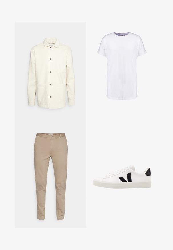 KnowledgeCotton Apparel Veste légère - raw cotton; T-shirt en coton blanc à manches courtes, encolure ronde et coupe décontractée. Texture lisse et sans motifs ni designs visibles.; Chino en coton beige avec une coupe droite, dotés d'une fermeture à bouton, de passants de ceinture et de poches latérales. Texture lisse sans motifs.; Sneaker blanche en cuir avec des accents en daim noir ; dispose d'une semelle en caoutchouc, d'un bout rond et d'un design classique à lacets. Logo latéral en noir.