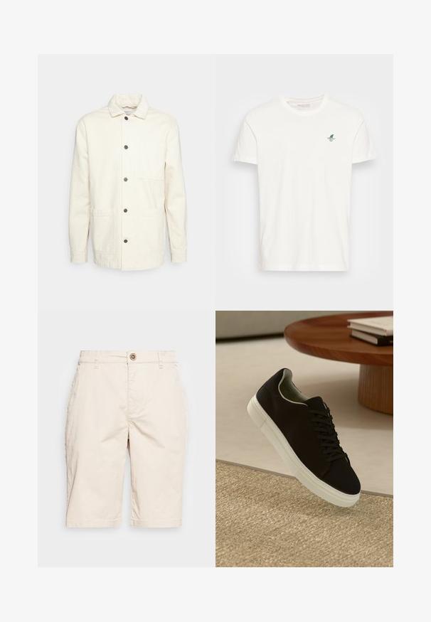 KnowledgeCotton Apparel Letná bunda - raw cotton; Biela bavlnená tričko s krátkymi rukávmi, s malým zeleným dizajnom plachetnice a vlny na ľavej strane hrudníka. Klasický strih s okrúhlym výstrihom.; Béžové šortky z bavlny s predným zapínaním na gombík, bočnými vreckami a rovnom strihom, s lemom tesne nad kolenami.; Čierna teniska s bielou podrážkou plávajúca nad béžovým textúrovaným kobercom pri okrúhlom drevenom stole s hromadou kníh.