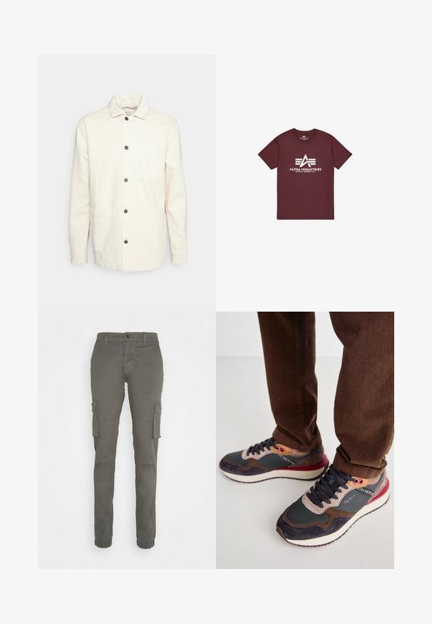 KnowledgeCotton Apparel Kevyt takki - raw cotton; Viininpunainen puuvillainen T-paita, jossa on lyhyet hihat. Valkoinen logo ja teksti, pyöreä kaula-aukko ja suora helma. Ei muita kuvioita tai koristeita.; Tummanvihreät cargo-housut. Ominaisuuksiin kuuluu sivutaskut, kapeat lahkeet ja joustavat reunit nilkoissa. Kevyt muotoilu.; Vauhtikengät, joissa on harmaan verkon, tummansinisestä mokasta ja burgundinpunaisista yksityiskohdista koostuva yhdistelmä. Varustettu nauhakiinnityksellä ja näkyvällä brändäyksellä sivussa.