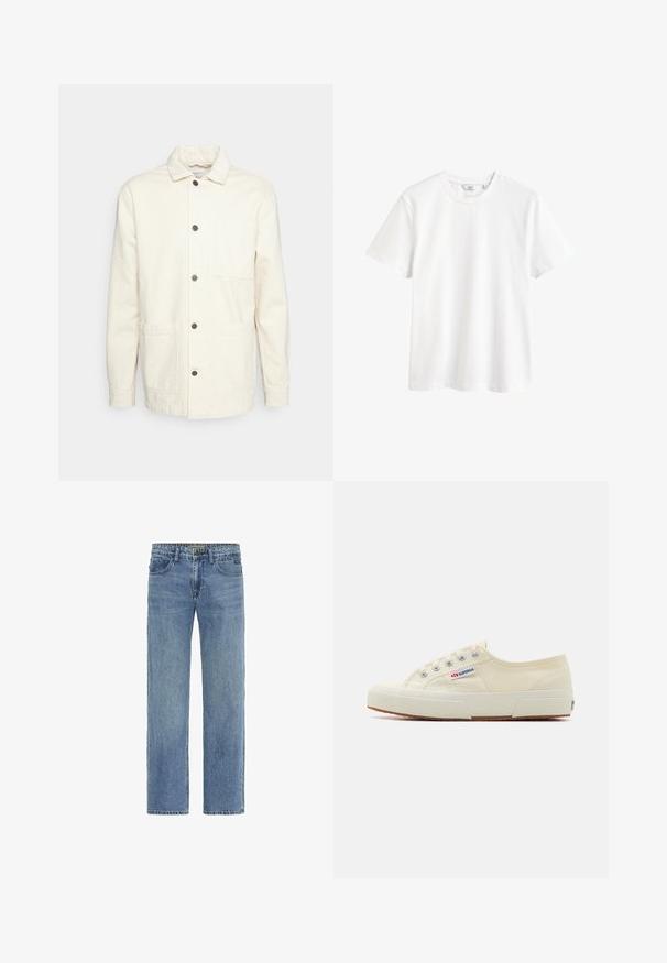 KnowledgeCotton Apparel Let jakke / Sommerjakker - raw cotton; Hvid kortærmet t-shirt med rund halsudskæring og en lille mærkeetiket indeni kraven.; Blå straight-leg denim jeans med forlommer, bæltestropper, knaplukning og synlige syninger på hvid baggrund.; Beige lærredssneaker med et lavprofildesign, metaløjet og gummisål. Har et tekstureret mønster og logodetalje på siden.